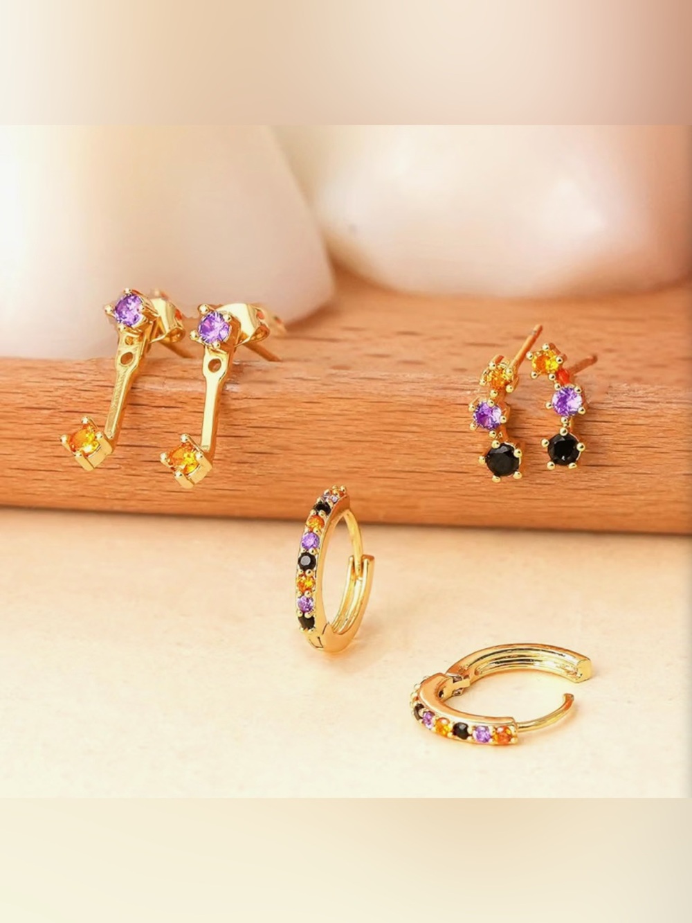 ❤️ 3 Pair Earring Set Gold Tone Hoop Stud Purple Orange Black Halloween Jewelry